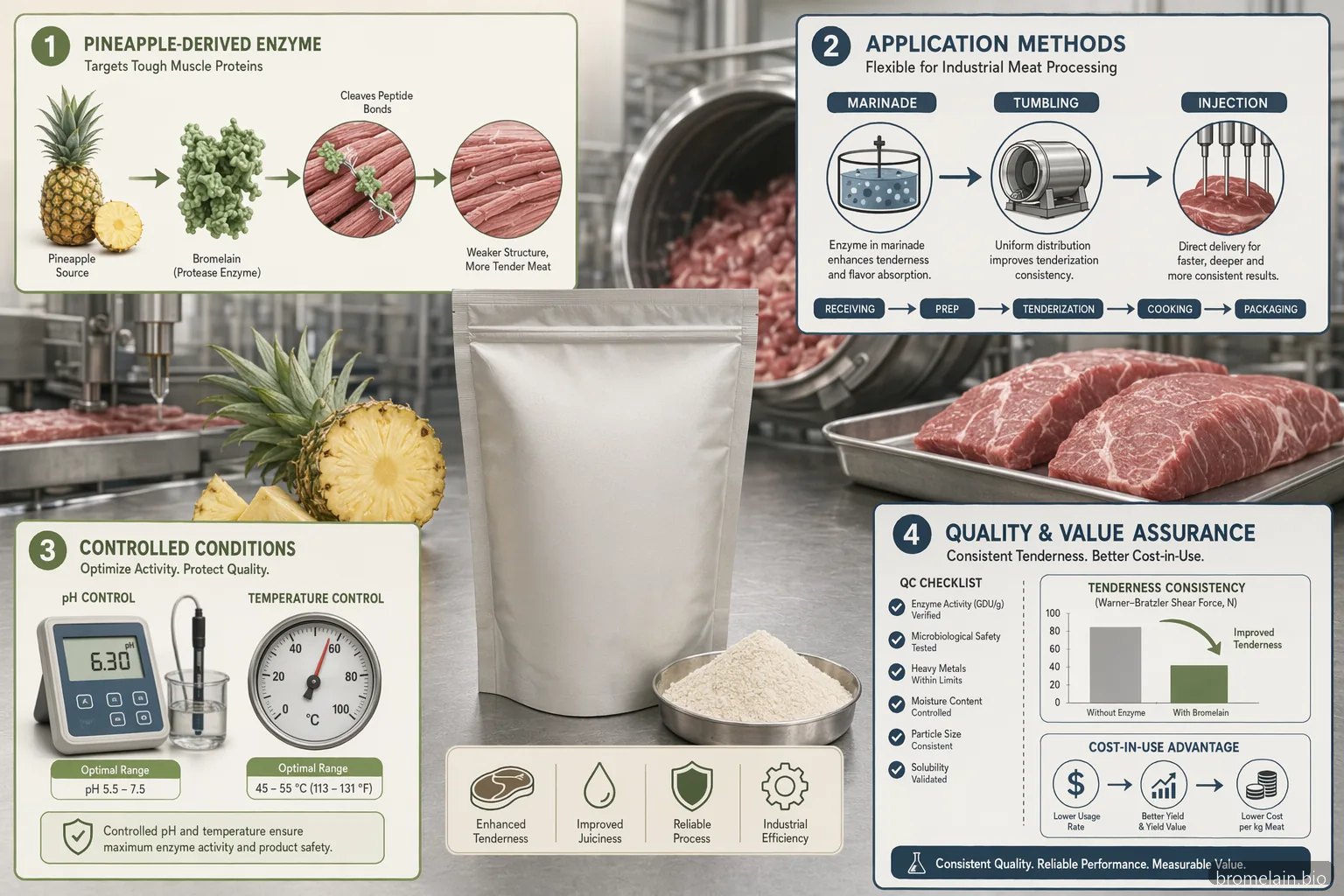 bromelain powder meat tenderization infographic showing dosing, marination, QC testing, and cost-in-use