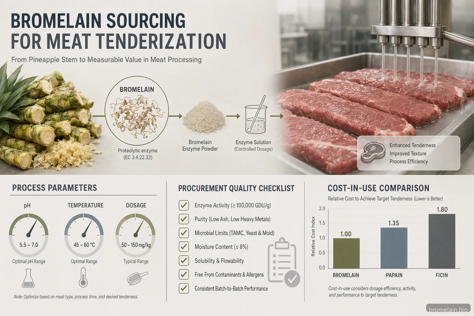 bromelain supplier guide for meat tenderization, procurement infographic with enzyme, process, QC, and cost icons