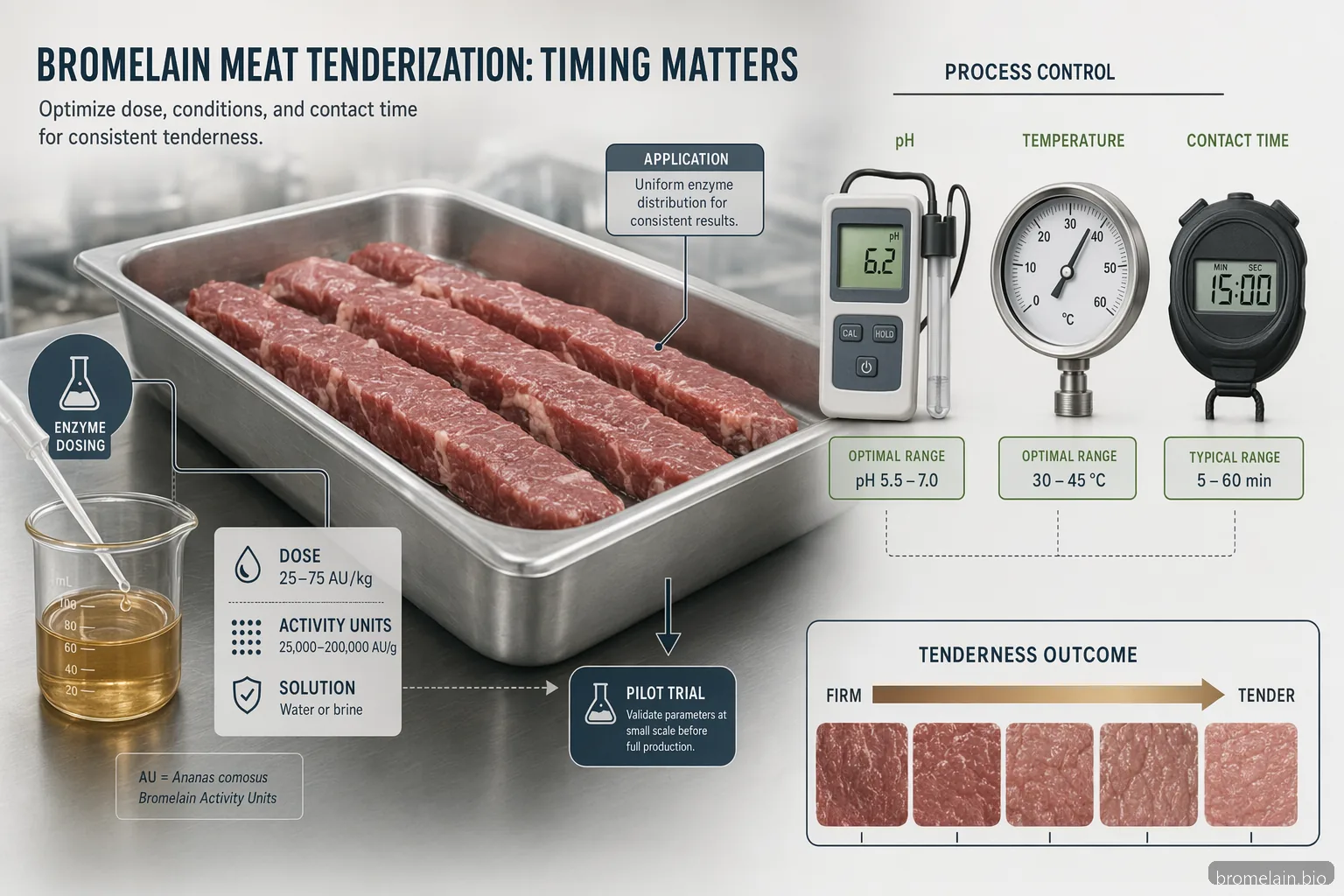 how long does it take for bromelain to work in meat tenderization, showing dose, pH, heat, and time controls