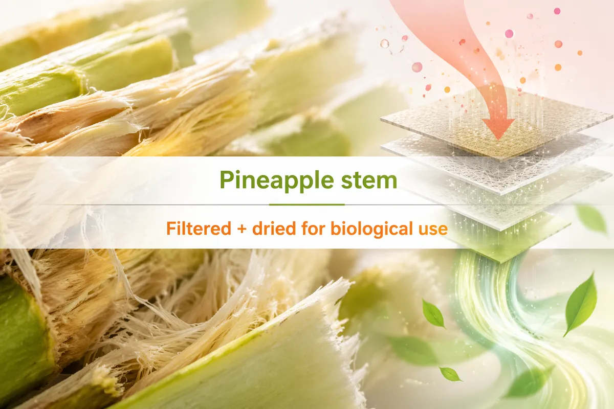 Pineapple stem, the raw material for bromelain, which is filtered and dried into a powder