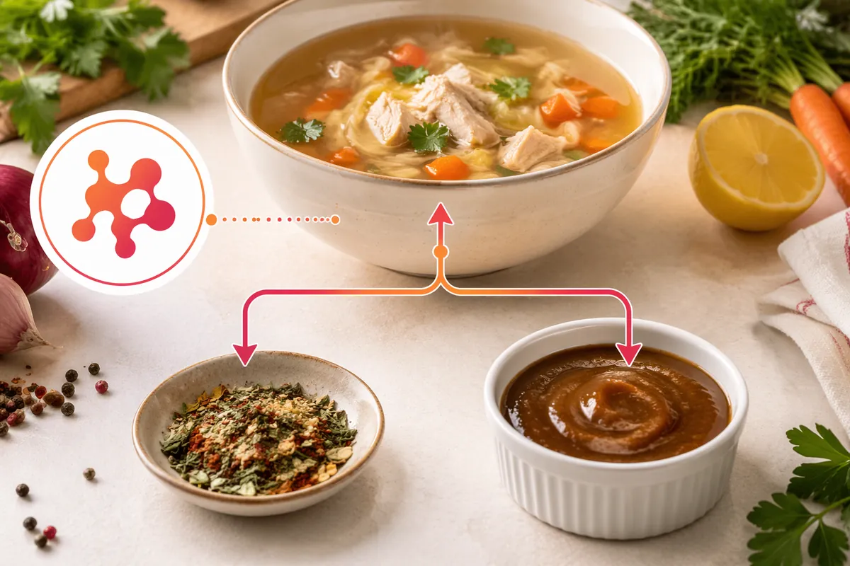 A bowl of soup with a seasoning blend and a savoury sauce: the protein-based food ingredients that protein-hydrolysis buyers make with bromelain
